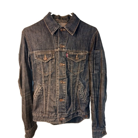 Levis Jacket Women’s Small Denim Classic Trucker Moto Dark Wash Stretch Pockets - Picture 3 of 5